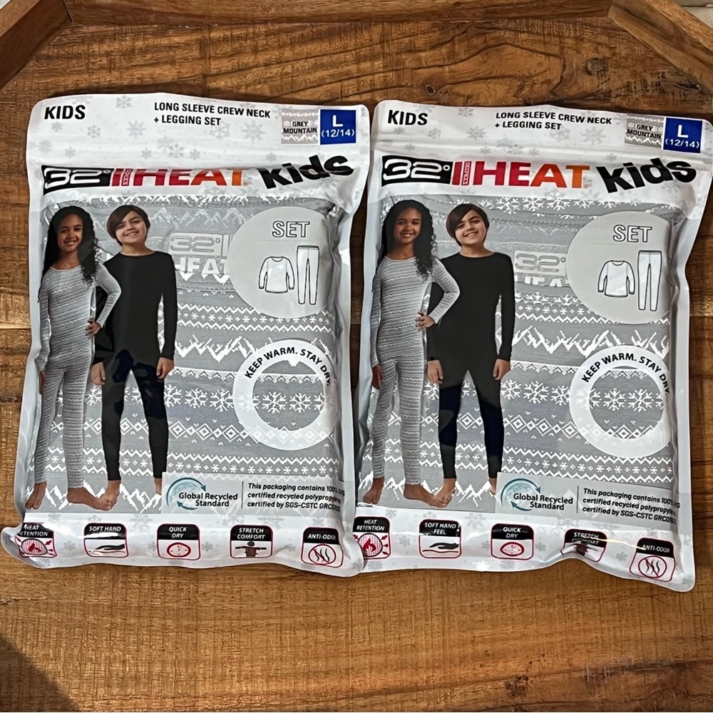 2 Pks 32 Degrees HEAT Kids Long Sleeve Top + Legging Sets Large 12/14 NEW